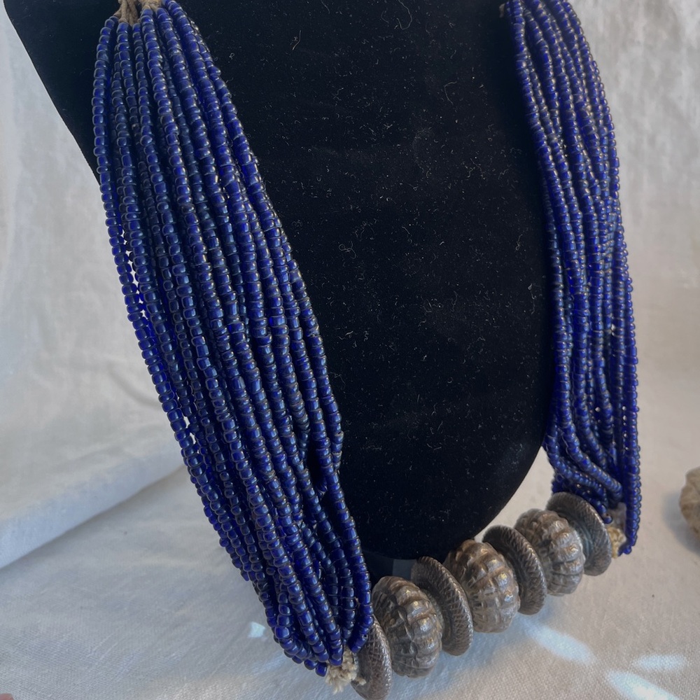 Handcrafted African Blue Beaded Necklace with large chunky beaded pendant